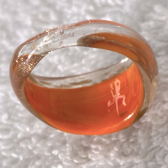 Vintage Art Glass Handmade Orange & Bronze Glitter Band Ring - Picture 9 of 11